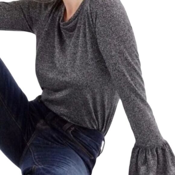 J CREW Silver Metallic Top Long Ruffle Bell‎ Sleeve XS - Picture 2 of 8